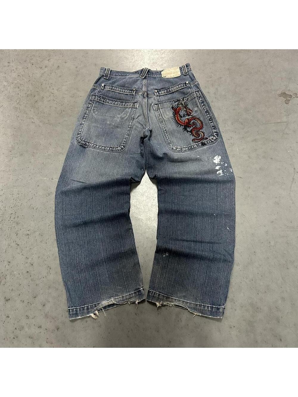 Distressed embroidered jnco dragon blue jeans with paint splatter details